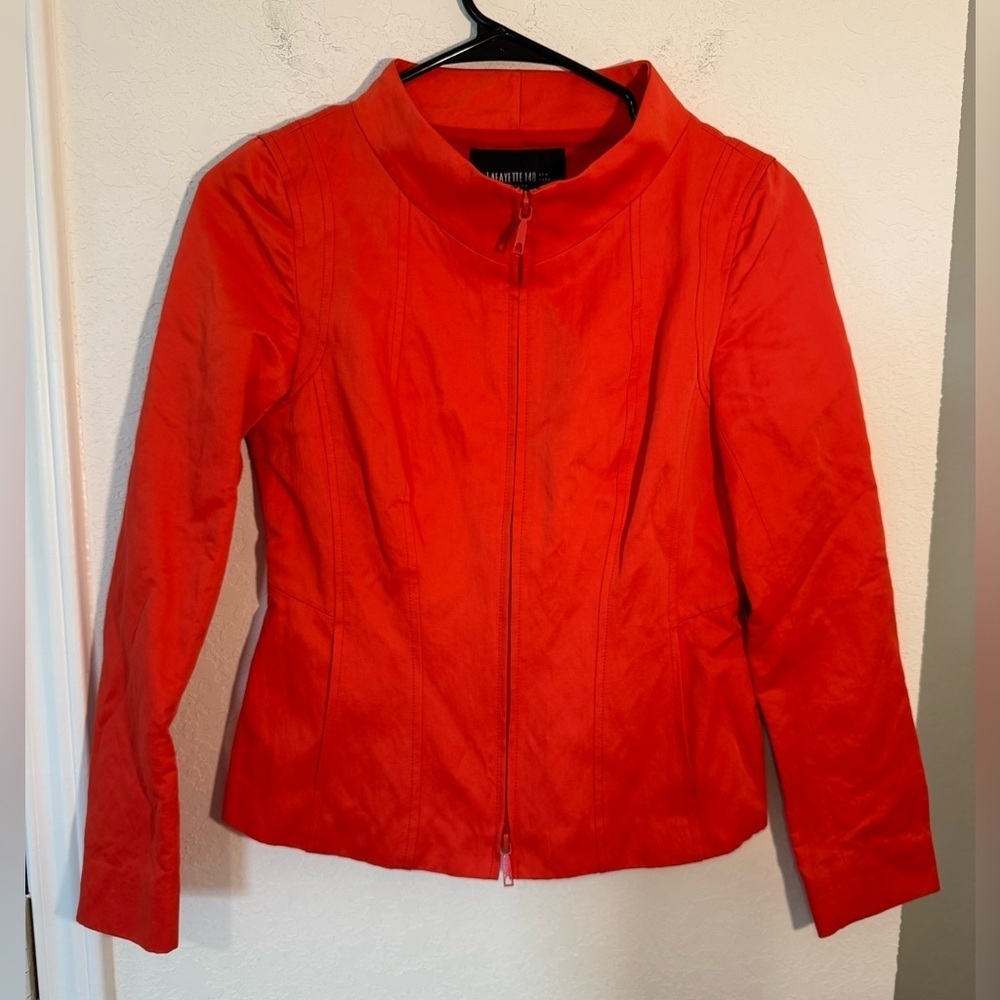 Lafayette 148 New York Red Orange Zip Front Cotton Blend Jacket Womens Size 0